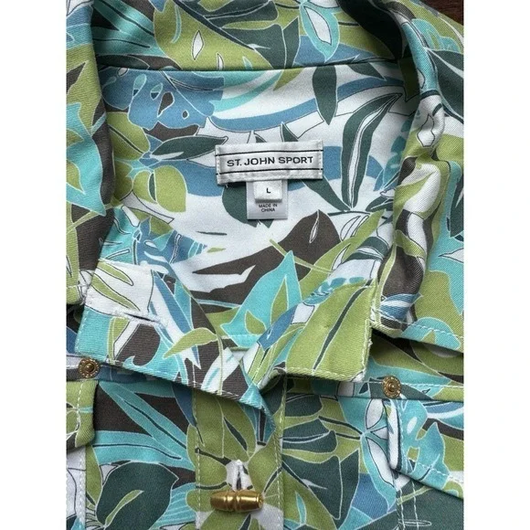 St John Sport Pant Suit Leaf Print Denim Jacket Set Size 16 Vintage - Picture 4 of 10